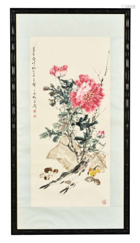 Wang Xuetao: framed ink and color on paper painting 'Flowers'