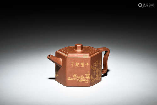 SHI DE TANG: YIXING ZISHA & GILT HEXAGONAL TEAPOT