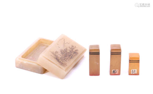 A Set of Three Jade Stamp with Jade Box Case