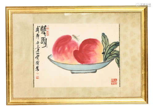 Qi Baishi: framed ink and color on paper painting 'Peaches'