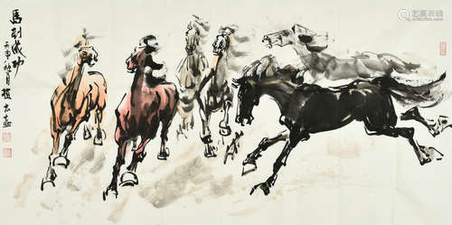 Zhao Taiji: Ink and color on paper painting 'Horses'