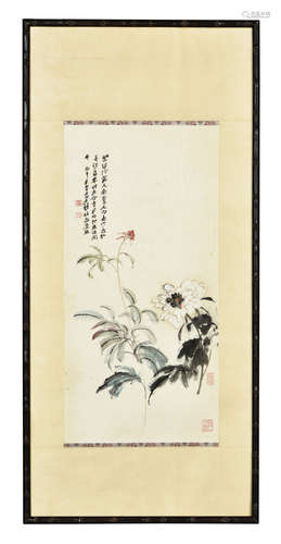 Zhang Daqian: ink and color on paper painting 'Flowers'