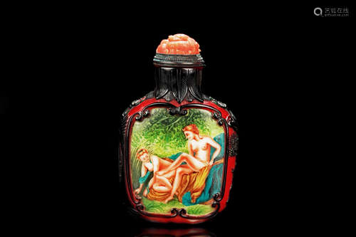 Famille rose glass overlay 'Western Ladies' snuff bottle