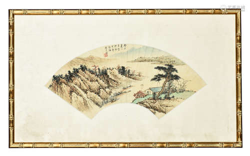 Huang Junbi: framed ink and color on fan leaf painting