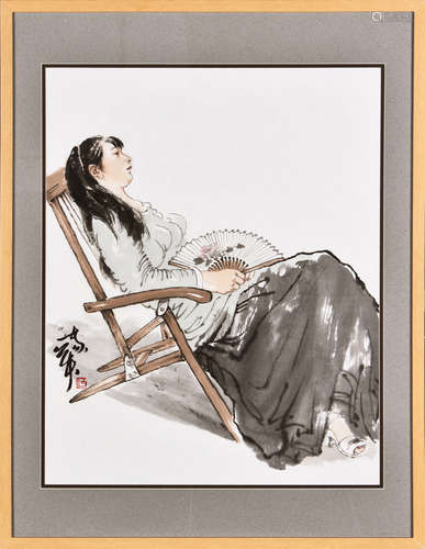 He Jiaying: framed ink and color on paper painting 'Girl'