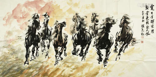 Zhao Taiji: Ink and color on paper painting 'Horses'