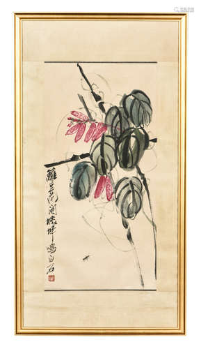 Qi Baishi: framed ink and color on paper painting 'Flowers'