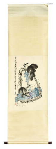 Qi Baishi: ink and color on paper painting 'Grapes'