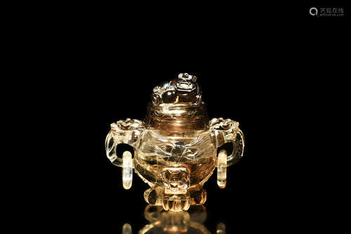 Crystal carved 'Mythical Beasts' censer with lid