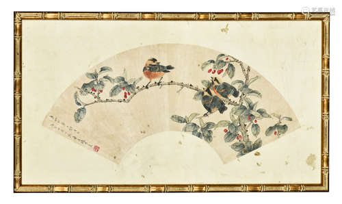 Zhao Enxi: framed ink and color on fan leaf painting 'Birds'