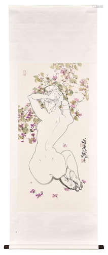 LIN YONG: INK AND COLOR ON PAPER 'LADY' PAINTING