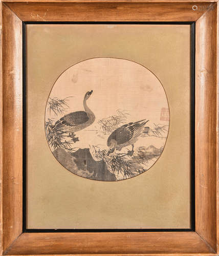 Mao Yunsheng: SMALL FRAMED ROUND INK ON SILK PAINTING