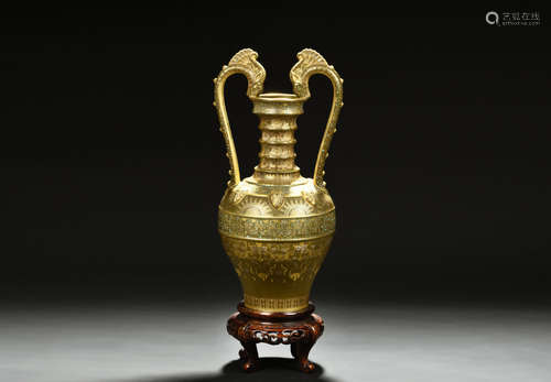 Teadust glazed and gilt vase with dragon handles