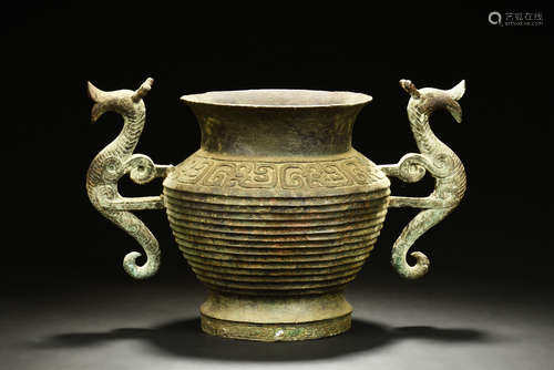 Bronze cast jar with dragon handles, Zun