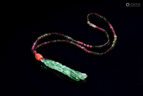 JADEITE WITH TOURMALINE AND CORAL NECKLACE WITH GIA CERTIFICATE