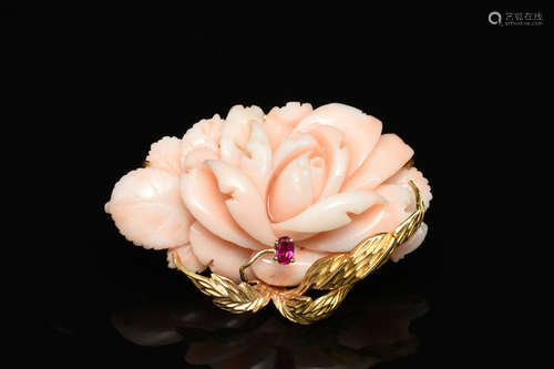 PINK CORAL FLOWER AND RUBY BROOCH