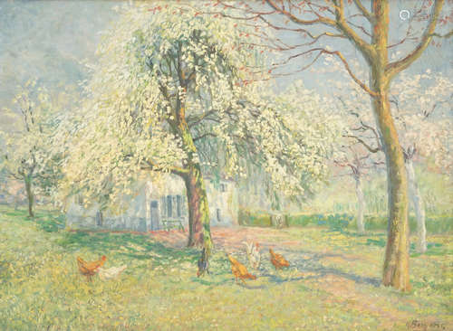 Adolf Baeyens (1886-1969), une vue pointilliste aux poules en ŽtŽ, huile sur toile