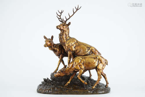 Jules-Edmond Masson (1871-1932), Cerf et deux biches sur un rocher, groupe en bronze