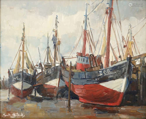 Guillaume Michiels (1909-1997), bateaux au port de pche de Zeebrugge, huile sur toile