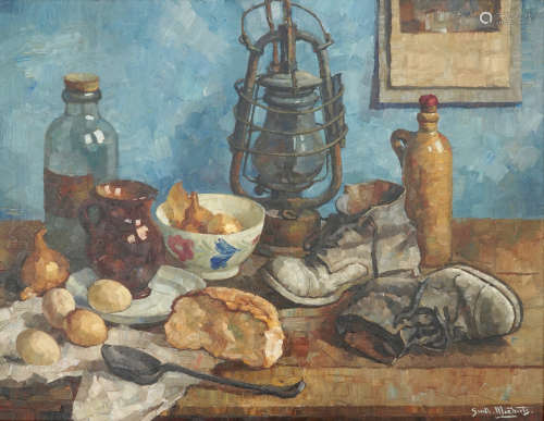 Guillaume Michiels (1909-1997), une nature morte avec une lampe marine, huile sur toile en cadre profilŽ