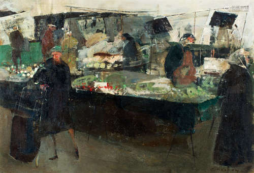 Jean Claude Chesnay 1978年作 巴黎水果市场 油画