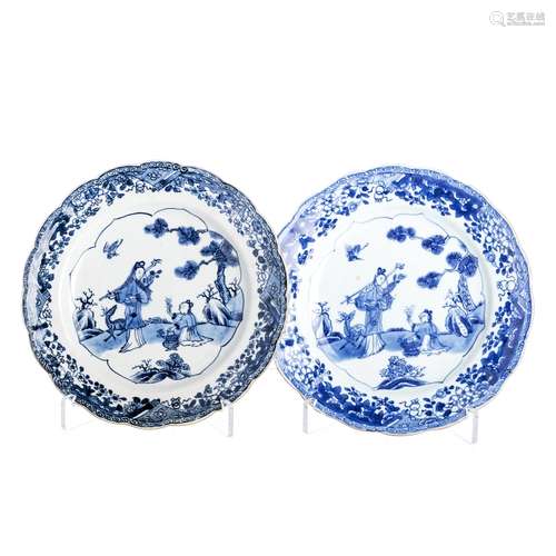 Chinese Porcelain Pair of plates with 'figures, deer and bird', Qianlong