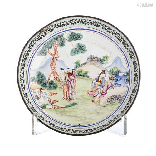 Saucer with 'scholars' in Canton enamel, 19thC