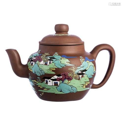 Large teapot with a 'scenery' in Chinese Yixing ceramics