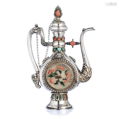 Tibetan Silver Teapot with Jade, Turquoise and Coral, 19thC