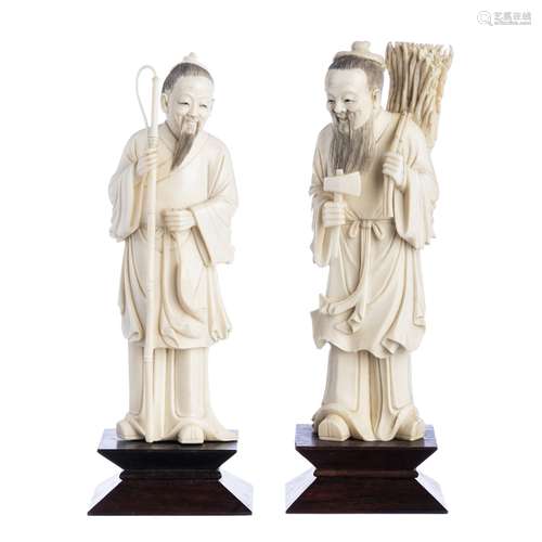 Chinese ivory carvings, fisherman and lumberjack