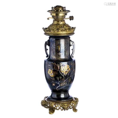 Japanese bronze inlaid oil lamp, Meiji