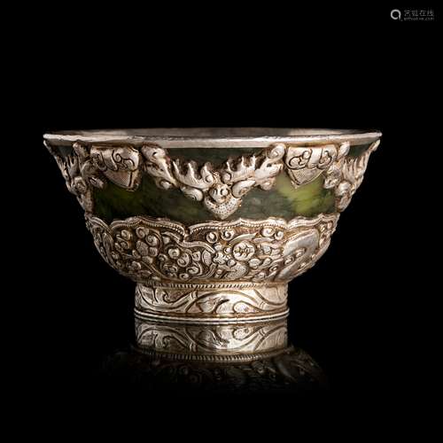 Tibetan spinach jade and silver dragon bowl