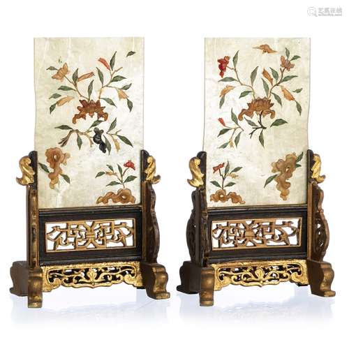 Pair of Chinese table screens with hardstones, Minguo