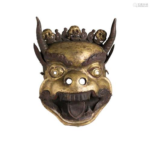 Tibetan gilt copper buddhist mask, 19thC