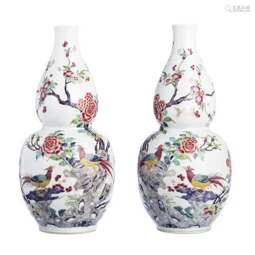 Pair of Chinese Porcelain famille rose pheasant gourds, Daoguang