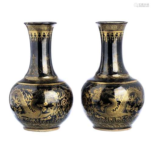 Pair of Chinese porcelain famille noire dragon vases, Guangxu