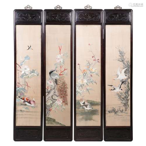 Four silk panels 'Birds amongst flowers' with Hongmu frames, Guangxu