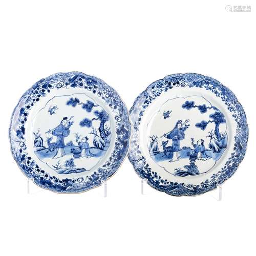 Chinese Porcelain Pair of plates with 'figures, deer and bird', Qianlong