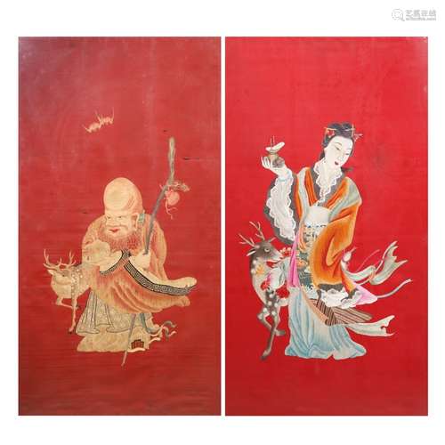 Pair of chinese figural silk panels, Guangxu