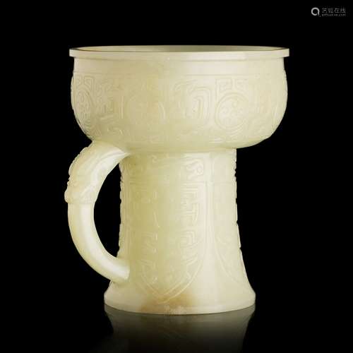 Chinese celadon jade vase with handle, 18th/19thC