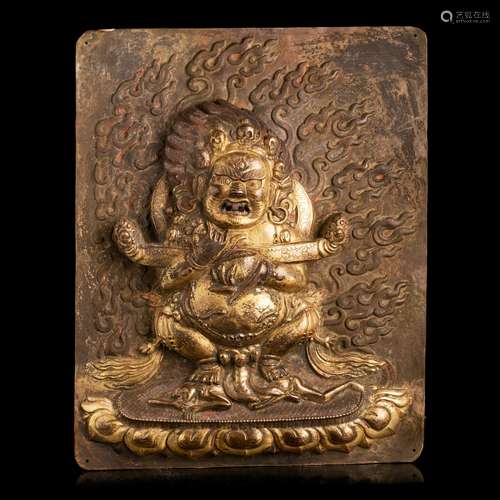 Tibetan gilt copper plaque of Mahakala, 18th century