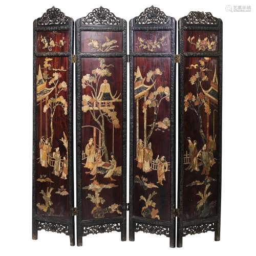 Chinese folding screen with inlaid work with stones