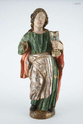 Saint-Jean l'EvangŽliste en bois sculptŽ polychrome, 17me