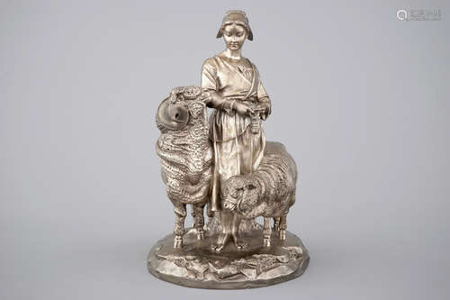 Groupe en bronze argentŽ de Christofle et Cie.  d'une fille avec un mouton et un bŽlier, 19me