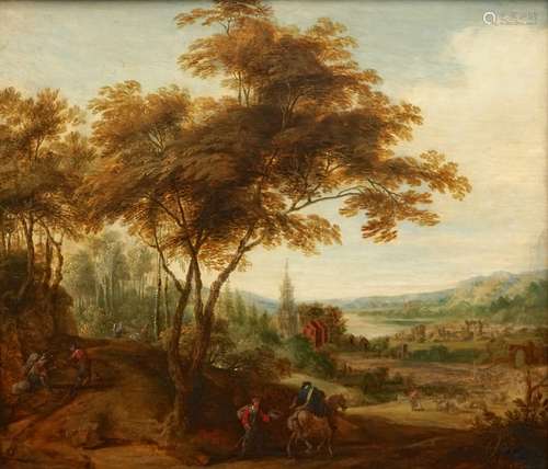 D'aprs Jacques D'Arthois, Un paysage aux voyageurs, huile sur panneau, 19me