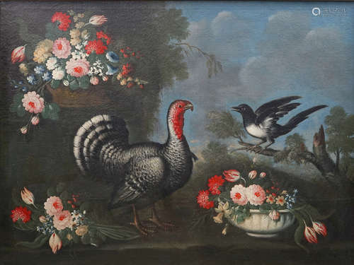 Ecole italienne, Une grande paire de natures mortes aux oiseaux et fleurs, huile sur toile, 17/18me