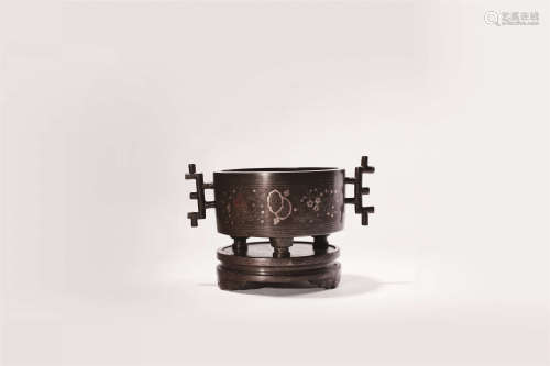 19世纪 铜错金银戟耳香炉