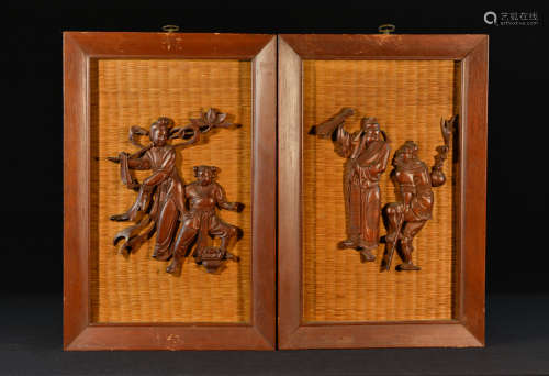 Pair Chinese Plaque with Carved Wood Immortals