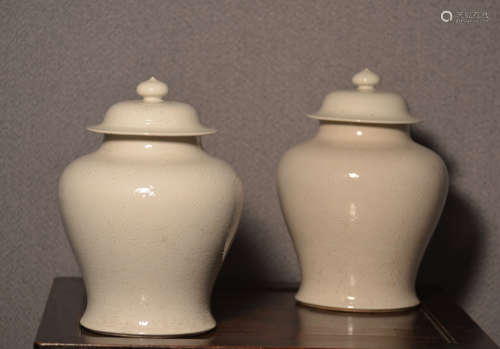 Pair Chinese White Glazed Porcelain Covered Jar