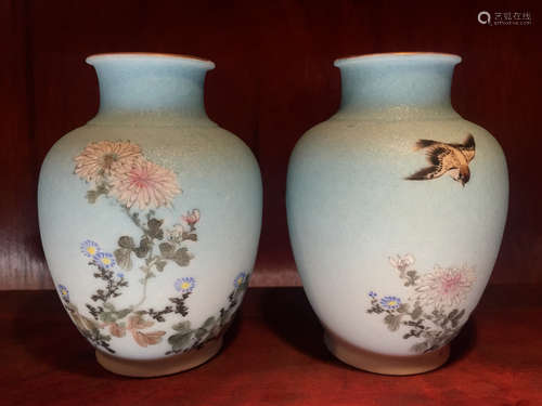 Pair Japanese Studio Porcelain Vase with Sharkskin Effect